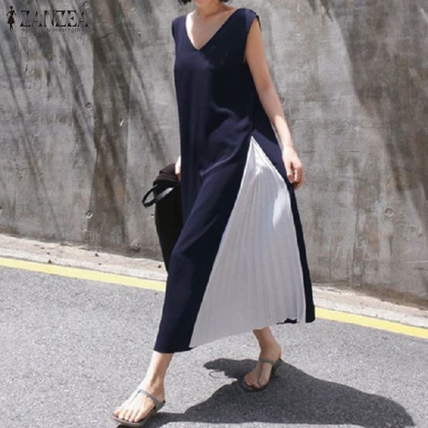 

dresses women sleeveless dress 2021 summer patchwork pleated maxi vestidos casual solid v-neck sundress holiday robe plus size, Black;gray