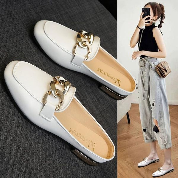 

slippers slhjc women flat heel square toe slip on mules shoes leather casual flats, Black