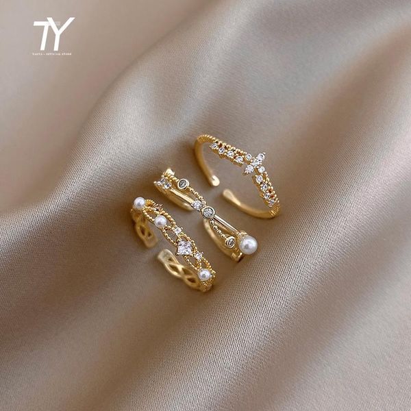 

fashion crown pearl three piece open ring for woman korean luxury jewelry wedding party unusual girl's finger rings cluster, Golden;silver