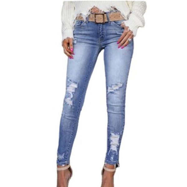 

women's jeans fashion women ripped denim jean skinny jegging slim fit straight pencil trousers, Blue