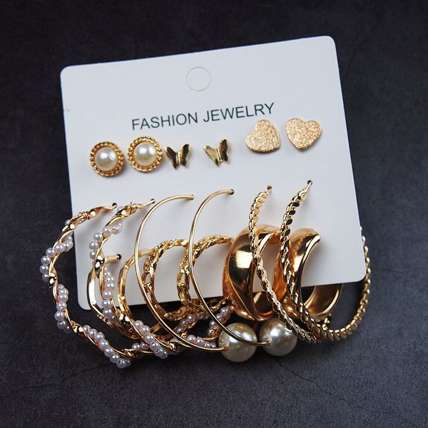 

new hoop studs earrings set heart butterfly pearl charming retro popular trendy exaggerated vogue gift show party cute personality travel ca, Golden;silver