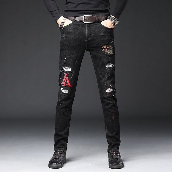 

mens jeans black hole trend letter embroidery autumn mens trendy elastic leg pants, Blue