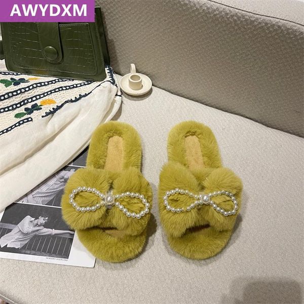 

slippers 2021 winter mujer slides bow fur women shallow home cotton sweet flats designer pearl short plush casual flip flops, Black