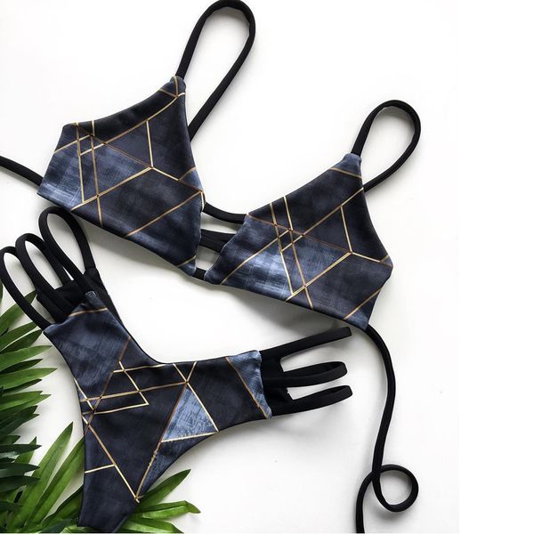 

bikini 2019 new triangle printing bandage two piece swimming suit, White;black