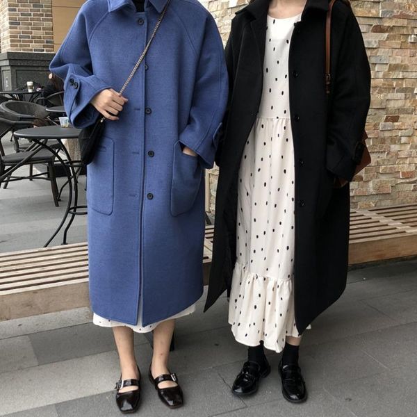 

women's wool & blends hepburn style woolen coat winter dress 2021 korean version of hong kong loose and over the knee long co, Black