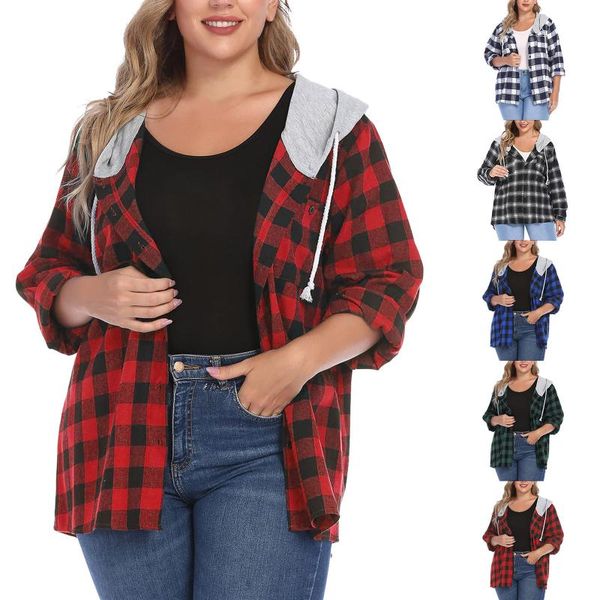 

women's hoodies & sweatshirts 2021 womens plus size plaid hoodie long sleeve shirt jacket button down casual shirts comfy high quality, Black