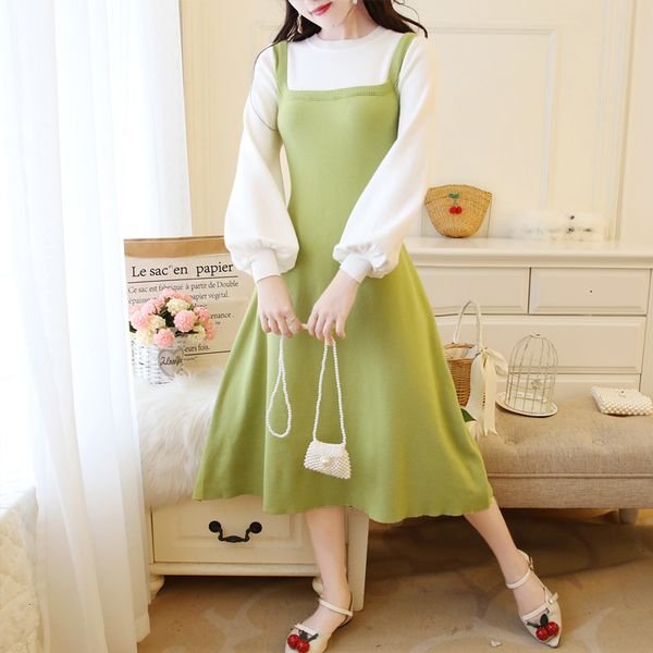 

dress cute knitted two piece women autumn winter lantern long sleeve a-line midi sweater vestido, Black;gray
