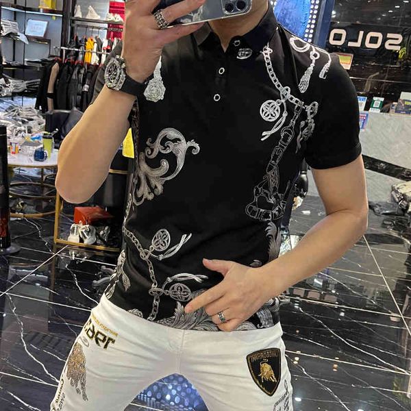

tee 2021 summer custom fashion printing sleeve thin lapel short black polo shirt of warm men silver homme, White;black