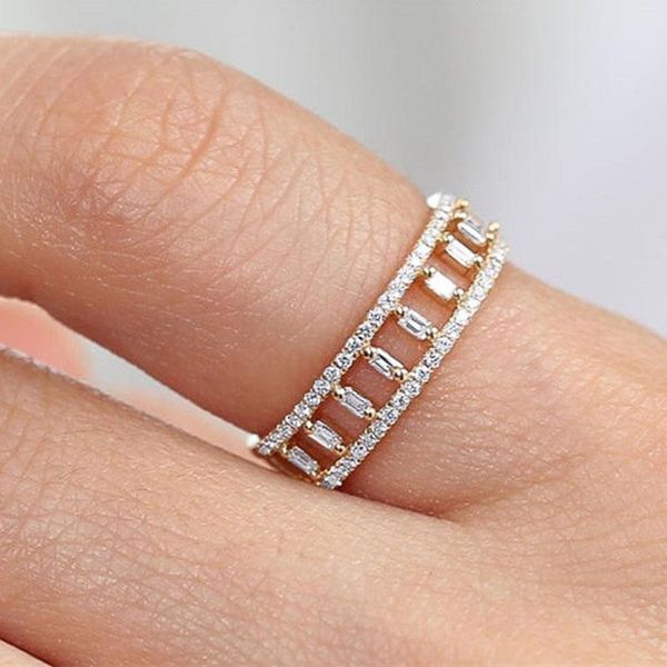 

wedding rings charm hollow geometric engagement ring cute female white crystal stone retro rose gold silver color for women, Slivery;golden