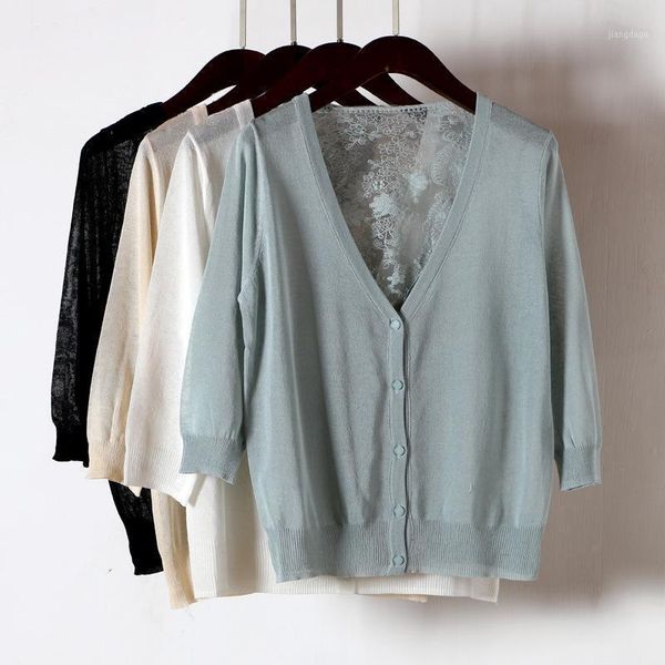 

women's blouses & shirts summer lace flower linen knitted women embroidery three quarter sleeve v-neck single breasted prevent bask, White