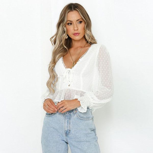 

women's blouses & shirts knoyeer deep v neck boho crop long sleeve chiffon polka dot jacquard see through blouse shirt women white 2021
