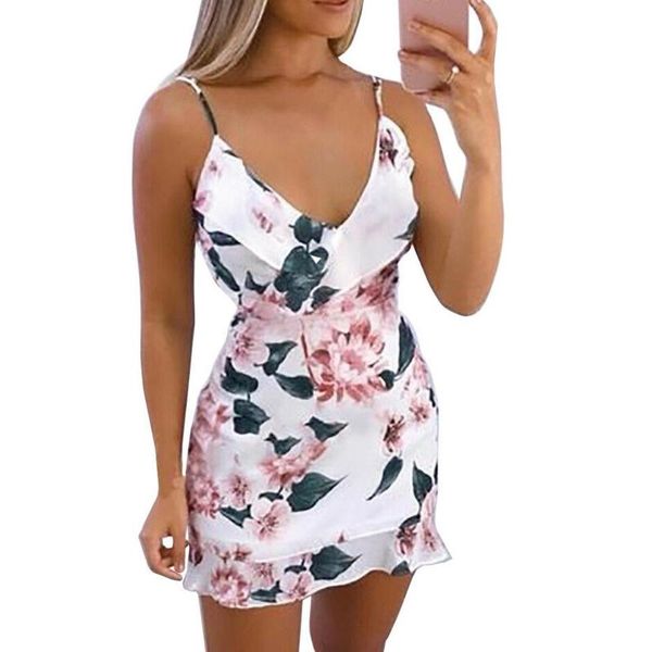 

casual dresses womens v neck summer dress floral printed strappy mini ladies ruffle beach party, Black;gray