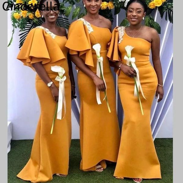 

bridesmaid dress yellow dresses one shoulder sweep train mermaid lace crystal satin up wedding party, White;pink