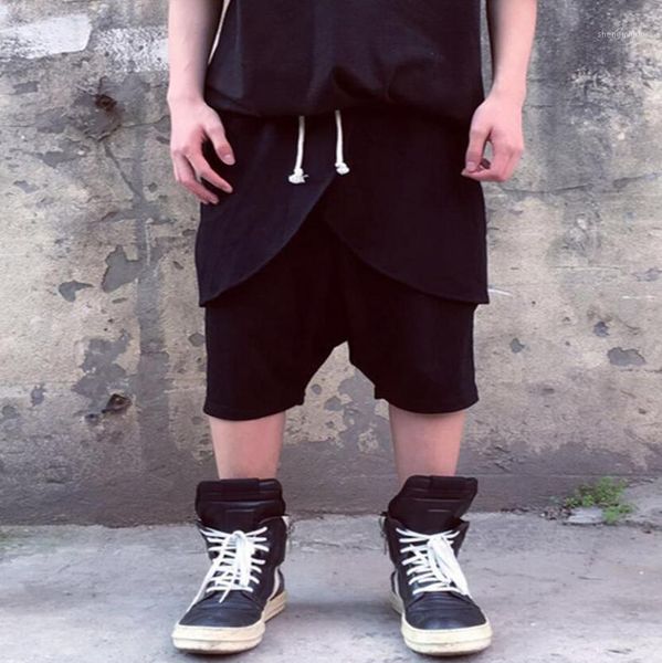 

korean men's spring and summer leisure double stitching low crotch harem pants large size black calf-length / 27-40