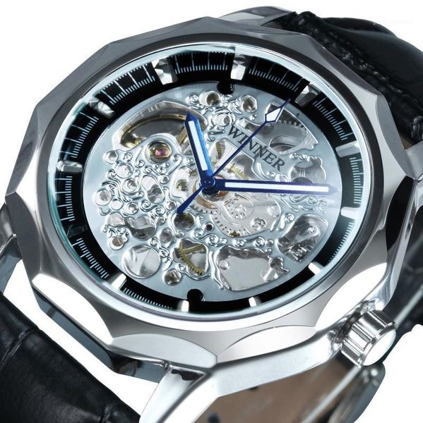 

automatic mechanical men's watch design leather strap skeleton casual dress wrist watches male relojes wristwatches, Slivery;brown