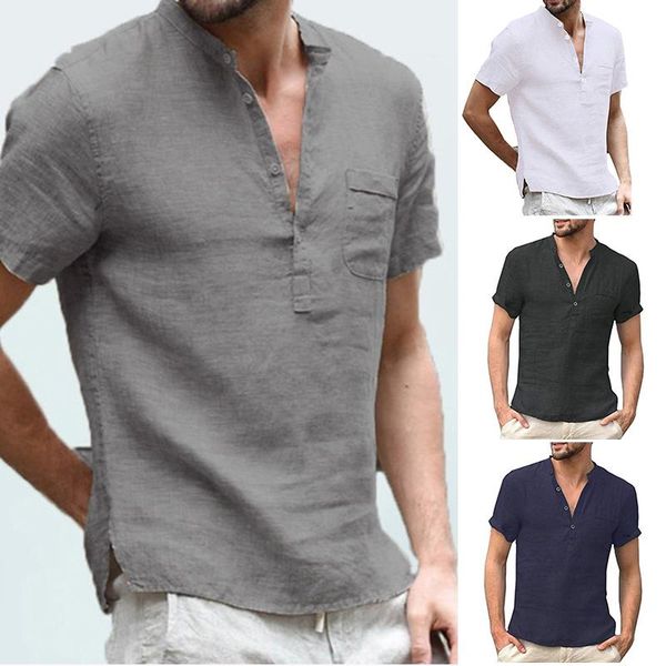 

running jerseys 2021 men's casual blouse cotton linen shirt loose short sleeve tee summer handsome male collar button shirts, Black;blue