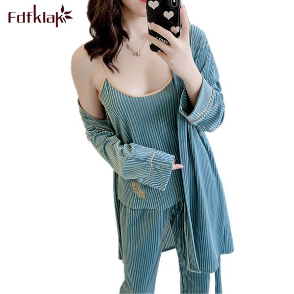 

women's sleepwear 3 pieces pyjamas women embroidery long sleeve pajamas set gold veet sleepwear ladies home clothes pijama mu, Black;red