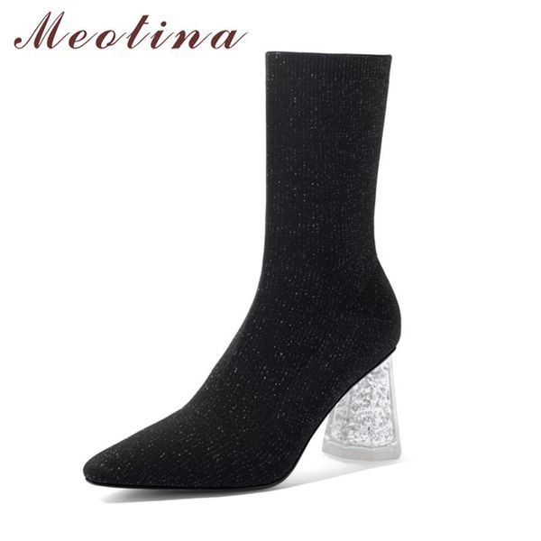 Meotina Mulheres Mid Bezerro Botas Sapatos Pointed Toe Strange Style Saltos Senhora Botas Slip-On High Heal Stretch Boots Black 210520