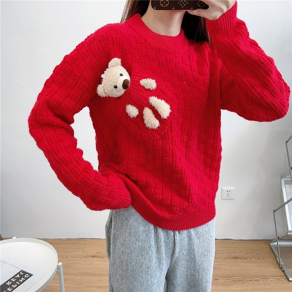 

knits pendant bear pocket red cute women round neck white sweater girls pullovers long sleeve