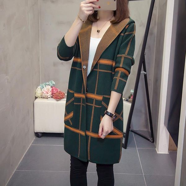 

women's jackets autumn sweaters elegant knitted outerwear lady casual long cardigan plaid female loose hoodie sweater coat, Black;brown