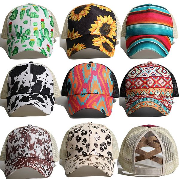 

10 styles cactus cow grain print ponytail baseball mesh cap criss cross peak net hat fashion lla566, Blue;gray