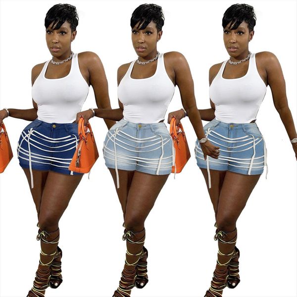 

ripped denim shorts womens jeans summer street high waist short femme tassel rear lace up bandage pants, Blue