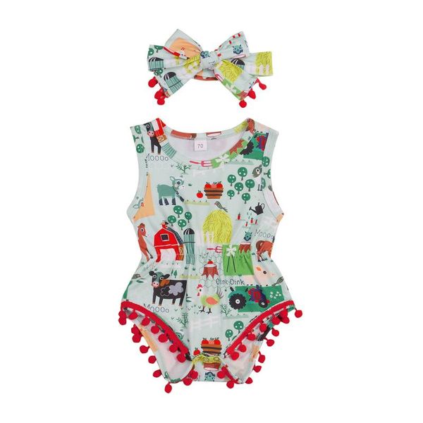 

jumpsuits baby girls cartoon print romper+headband 2pcs sets tassel sleeveless cotton romper jumpsuit infant summer clothes set, Blue