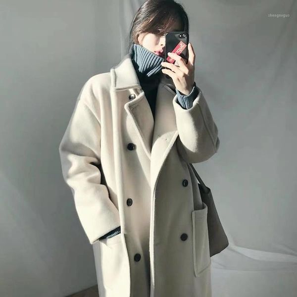 

women's wool & blends woolen coat women mid-length 2021 autumn winter clothes korean style loose casual straight turn-down collar overc, Black