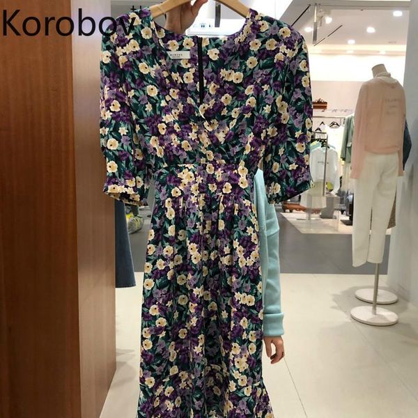 

casual dresses korobov korean flower elegant women dress vintage puff sleeve o neck summer chic high waist vestidos 2a533, Black;gray
