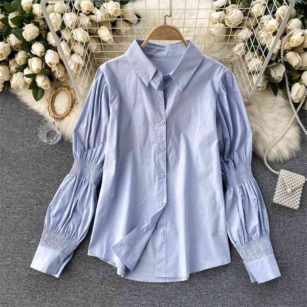 

spring autumn temperament wear shirts women puff sleeve pleated loose all-match female blouse uk982 210506, White