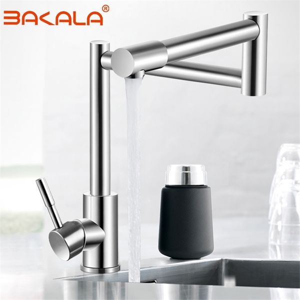 Bakala 304 aço inoxidável de aço inoxidável Folding Torneira Faucet Misturador 360 graus de 360 ​​graus Único punho níquel cozinha pia bacia taps 211108