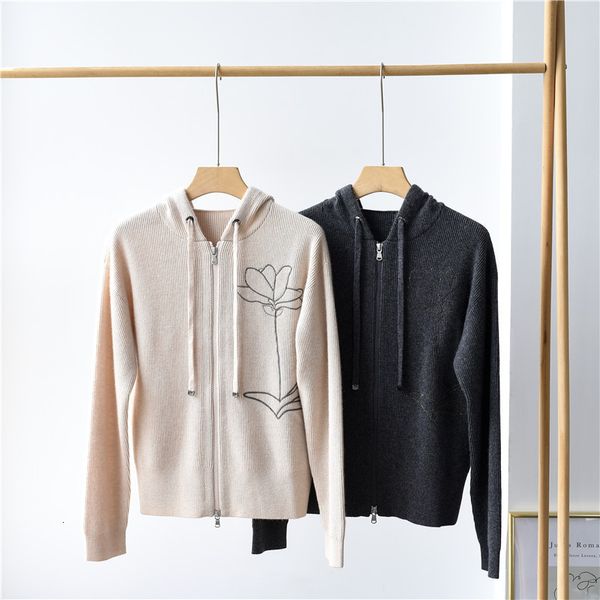 

sweater knit hooded bead chain cashmere zipper cardigan tpze, White;black