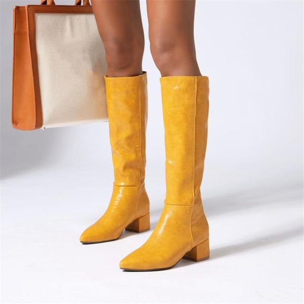 

boots pxelena 5 candy colors women riding knight knee high yellow blue block med heels slip on western cowboy winer shoes 34-45, Black