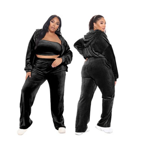 

womens hoodies velvet tracksuits plus size fashion breast wrap coats pants outfits designer female winter casual three piece sets, Black