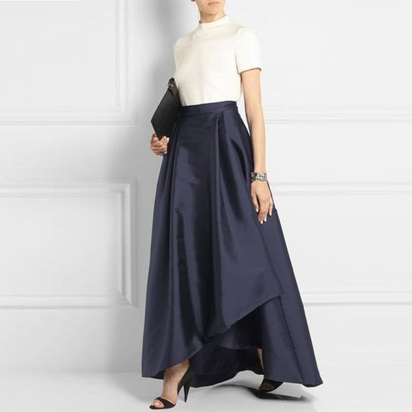 

office dark navy blue women skirts long satin asymmetrical fashion solid skirt zipper pleat saias, Black