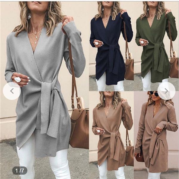 

women's jackets solid wool v-neck belt mid length casual jacket in autumn of 2021 windbreaker clothes streetwear long coat, Black;brown