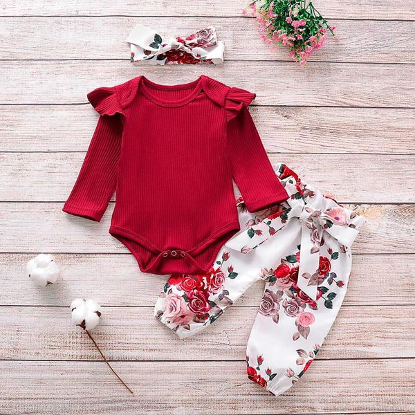 

infant baby girl clothes ruffles solid romper long sleeve +floral pants+headband outfits roupa infantil menina clothing sets, White