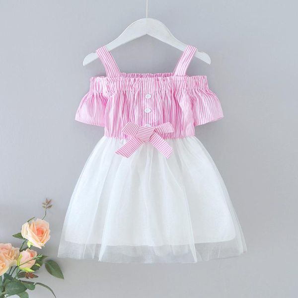 

stripe girls dresses bowknot mesh children for sling casual button summer dress ruffles clothes costume 2021 girl's, Red;yellow