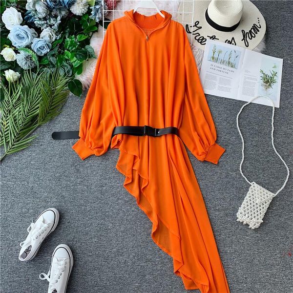

casual dresses women's dress chiffon autumn lantern sleeve stand collar zipper high waist irregular with belt woman vestido female ls09, Black;gray