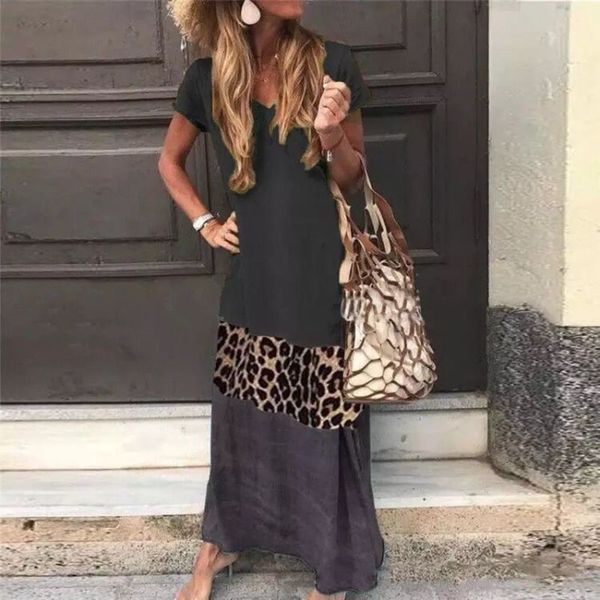 

leopard v-neck casual dresses contrast loose dress, Black;gray