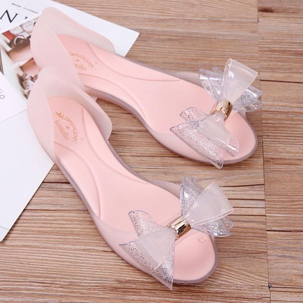 

sandals jelly women's shoes bowknot flat bottom fish mouth transparent plastic waterproof rain boots, Black
