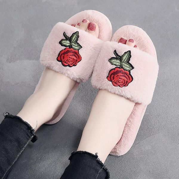 

slippers autumn korean home female rose pattern decoration one-word warm comfortable short plush pregnant women cotton, Black