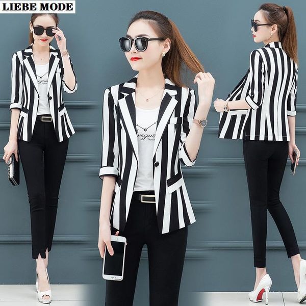 

women's suits & blazers black and white striped blazer women 2021 summer womens slim short sleeve thin jackets woman korean style sheer, White;black