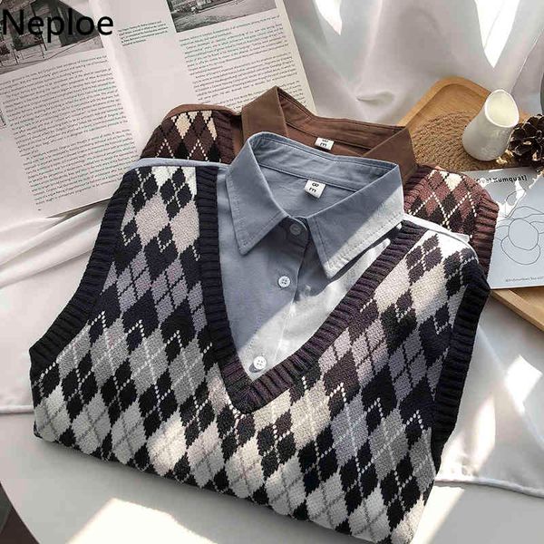 

neploe fashion knitted vest women casual korean pullover elasticity sweater waistcoat spring autumn sleeveless v-neck tank 210422, White;black