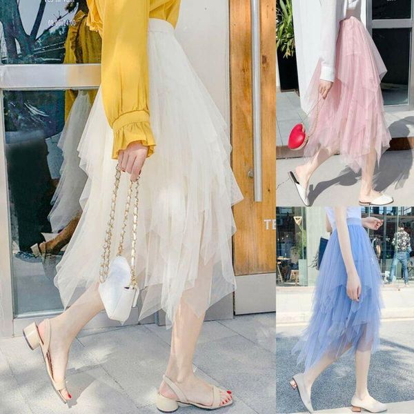 

skirts summer women solid tulle layer swing skirt mesh mid length high waist ruffle elastic long, Black