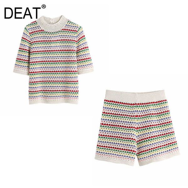 

[deat] summer fashion short sleeve round neck hollow out stripe knitting shorts women two-piece suit 13d073 210527, White