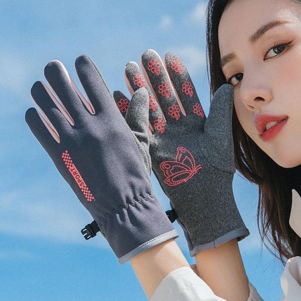 

sports gloves winter print flower embroidery ladies outdoor touch screen fashion women plus velvet thickening, Black