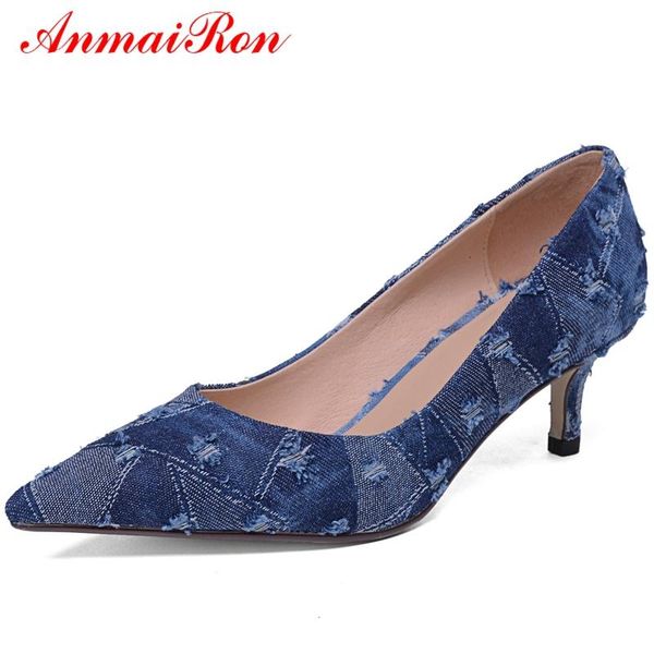 

dress shoes anmairon denim pointed toe slip-on fashion 2021 women basic high thin heels pumps size 34-39ly712, Black