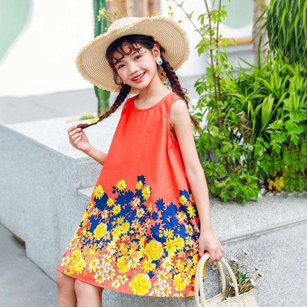 

girl's dresses girls floral dress 2021 summer cotton sleeveless vest for childrens princess 4-13 years old teens girl clothes, Red;yellow
