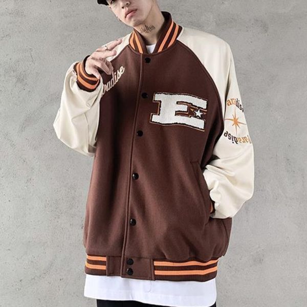 

men's jackets baseball coats, man-made jackets, hip hop, with solid, block-colored lyrics, harajuku streetwear, 59ei, Black;brown